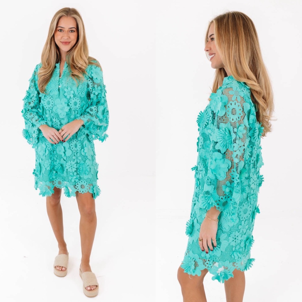 NWT J.Marie Seraphina Floral 3D Lace Split Round Button Up Neck Shift Dress